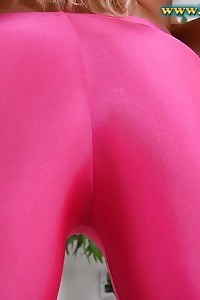 Clothing Pink Pants And Orange Latex Top Blonde Stephanie Looks Hot